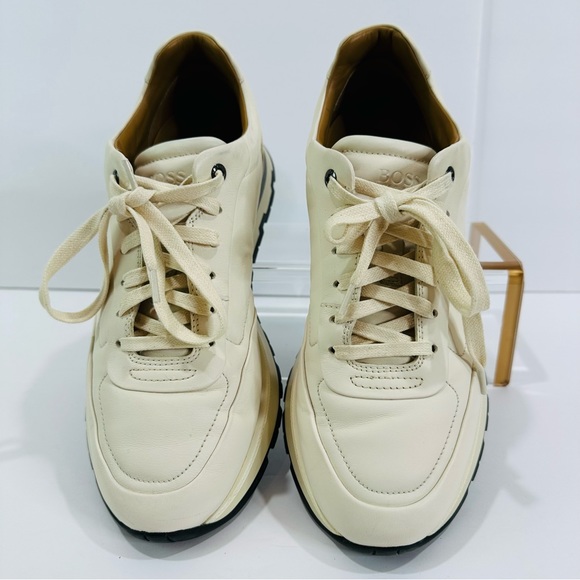 HUGO BOSS MENS BURNISH ITALIAN LEATHER SIZE 8 CREAM LOW TOP TRAINERS SNEAKERS - Picture 6 of 13